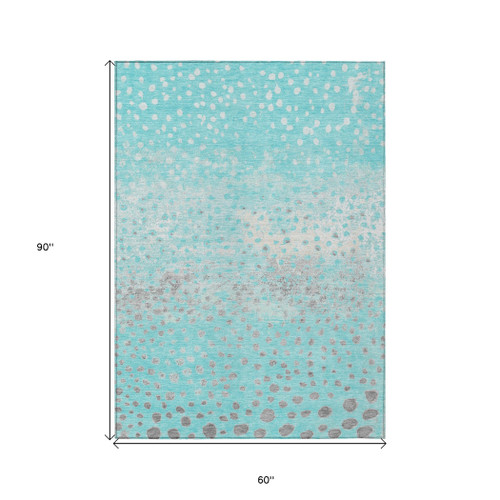 5' X 8' Aqua And Teal Blue Abstract Washable Indoor Outdoor Area Rug