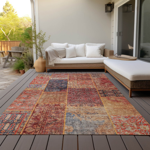 3' X 5' Red Orange And Blue Patchwork Washable Indoor Outdoor Area Rug