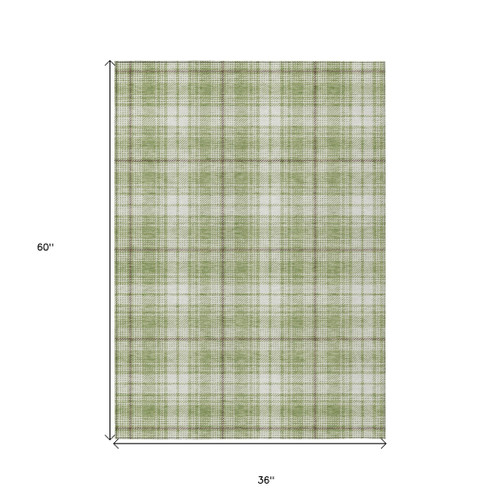 3' X 5' Artichoke Green Brown And Ivory Plaid Washable Indoor Outdoor Area Rug