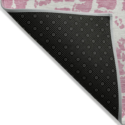 8' Runner Pink and Ivory Abstract Washable Non Skid Indoor Outdoor Runner Rug