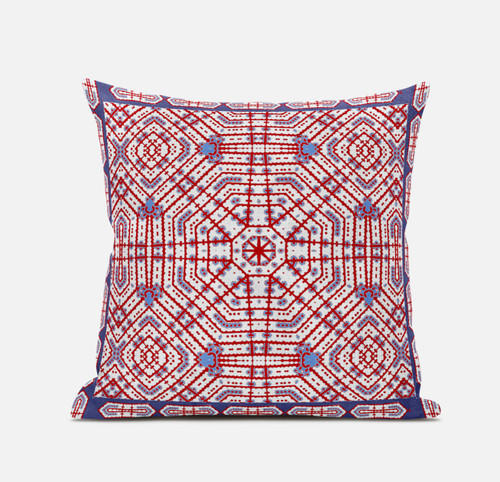 20"x20" Red Cream Blue Blown Seam Suede Geometric Throw Pillow