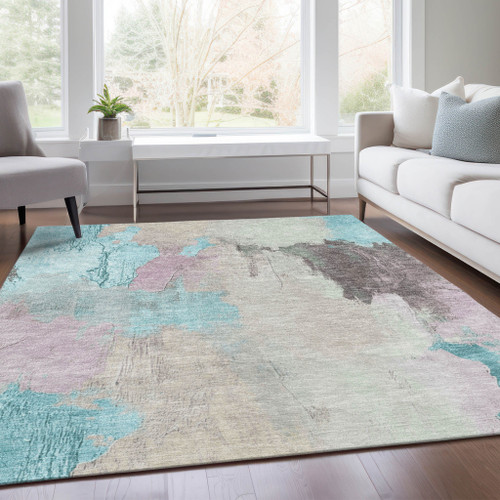 5' X 8' Teal Blue And Beige Abstract Washable Indoor Outdoor Area Rug
