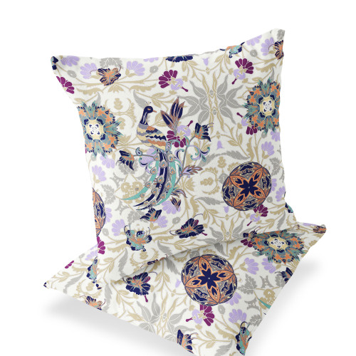 Set of Two 16" X 16" Purple and White Peacock Blown Seam Eclectic Indoor Outdoor Throw Pillow Polyester