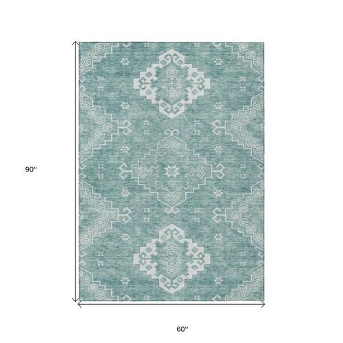 5' X 8' Aqua Teal Blue And Ivory Medallion Washable Indoor Outdoor Area Rug