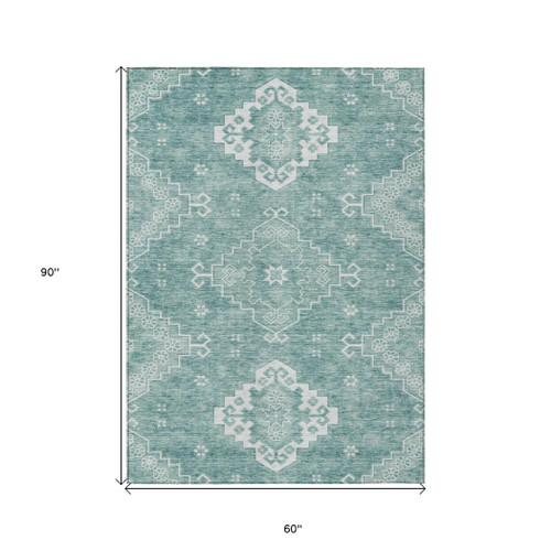 5' X 8' Aqua Teal Blue And Ivory Medallion Washable Indoor Outdoor Area Rug