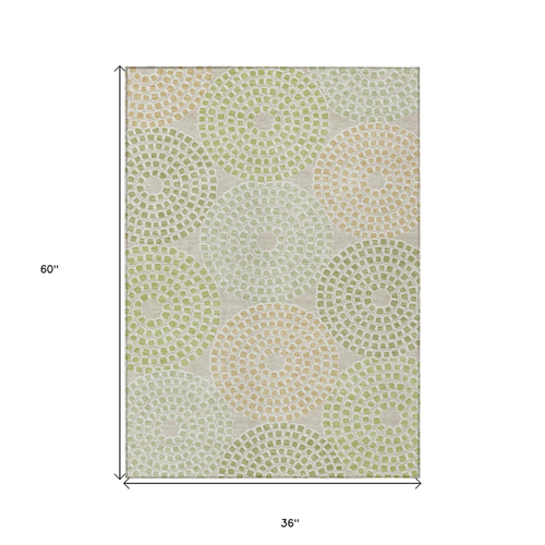 3' X 5' Artichoke Green And Brown Geometric Washable Indoor Outdoor Area Rug