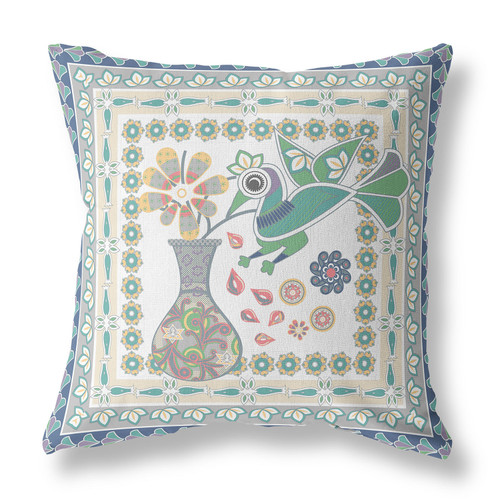 26" x 26" Cream Peacock Blown Seam Floral Indoor Outdoor Throw Pillow Home Accent