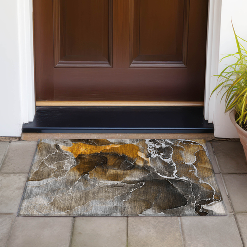 2' X 3' Brown and Gray Abstract Washable Non Skid Indoor Outdoor Area Rug