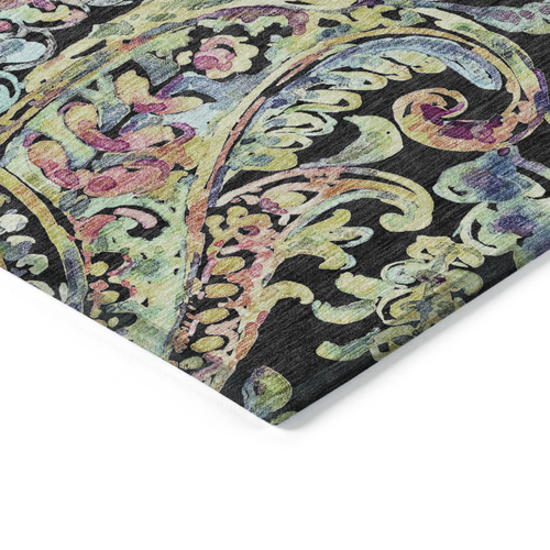 3' X 5' Black And Artichoke Green Paisley Washable Indoor Outdoor Area Rug