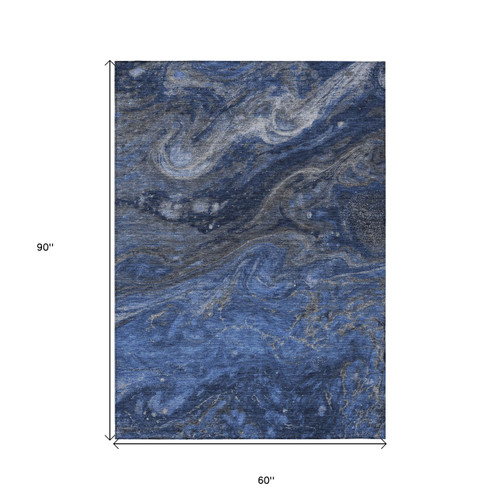 5' X 8' Blue Denim Blue And Sky Blue Abstract Washable Indoor Outdoor Area Rug
