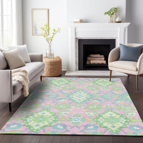 5' X 8' Pink Green And Blue Oriental Washable Indoor Outdoor Area Rug