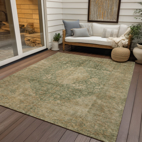 3' X 5' Artichoke Green And Beige Medallion Washable Indoor Outdoor Area Rug