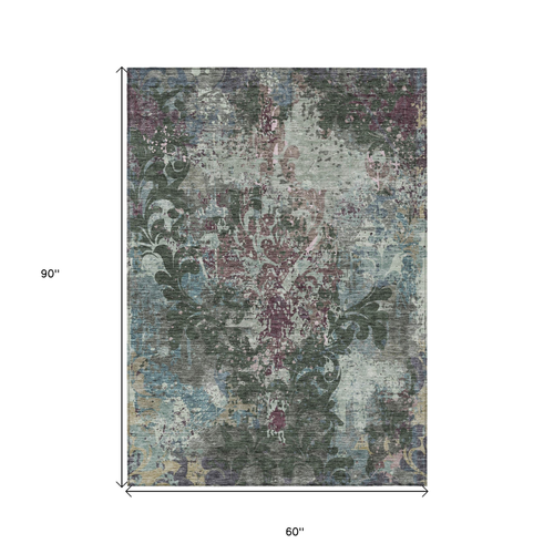 5' X 8' Fern Green And Purple Damask Washable Indoor Outdoor Area Rug