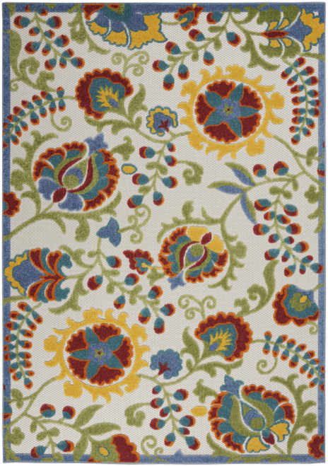 5' X 8' Ivory Green Red And Yellow Floral Indoor Outdoor Area Rug