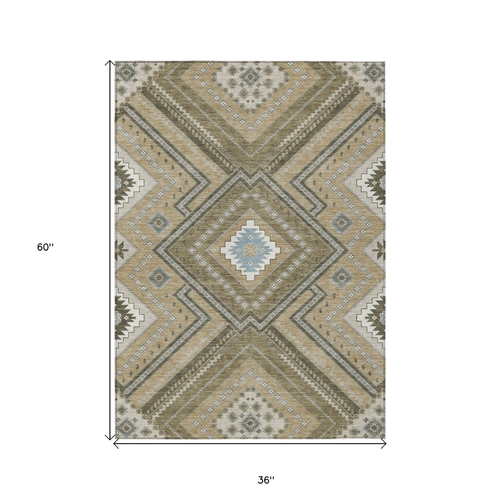 3' X 5' Beige Gray And Ivory Tribal Washable Indoor Outdoor Area Rug