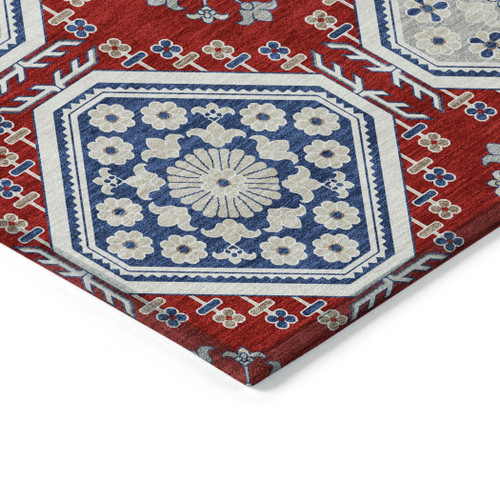3' X 5' Red And Navy Blue Floral Washable Indoor Outdoor Area Rug