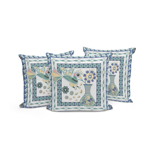 Set of Three 16" X 16" Blue and White Peacock Blown Seam Floral Indoor Outdoor Throw Pillow Polyester