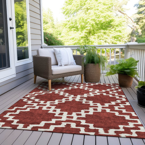 5' X 8' Brick Red And Ivory Geometric Washable Indoor Outdoor Area Rug