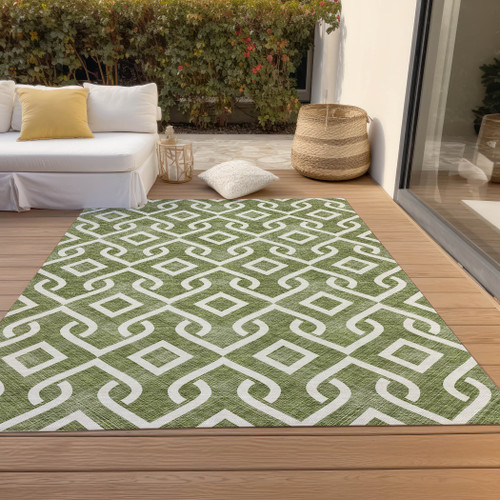 3' X 5' Olive Green And Ivory Geometric Washable Indoor Outdoor Area Rug