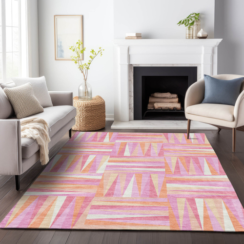 3' X 5' Blush Ivory And Orange Geometric Washable Indoor Outdoor Area Rug