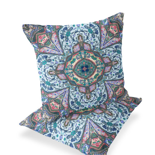 Set of Two 16" X 16" Blue and Pink Blown Seam Floral Indoor Outdoor Throw Pillow Polyester Premium Quality