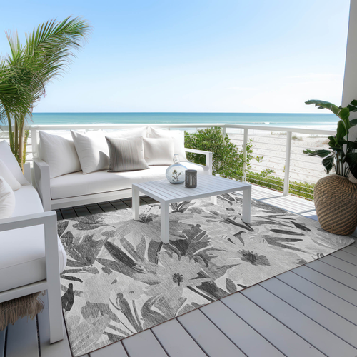 3' X 5' Gray And Charcoal Floral Washable Indoor Outdoor Area Rug