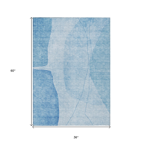 3' X 5' Denim Blue And Sky Blue Abstract Washable Indoor Outdoor Area Rug
