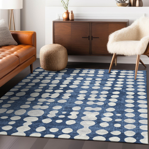 5' X 8' Navy Blue And Ivory Abstract Washable Indoor Outdoor Area Rug