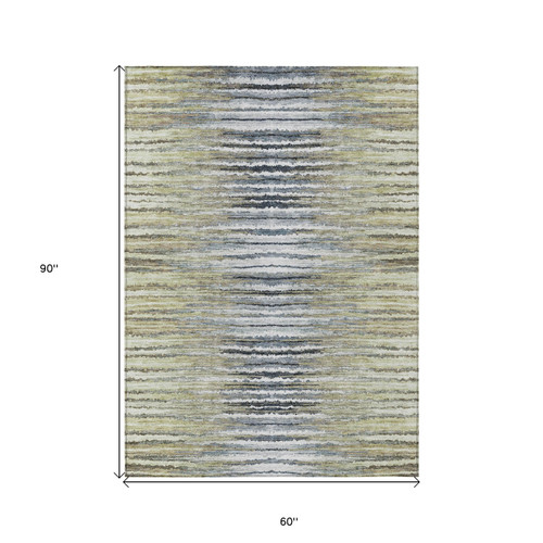 5' X 8' Beige Tan And Taupe Striped Washable Indoor Outdoor Area Rug