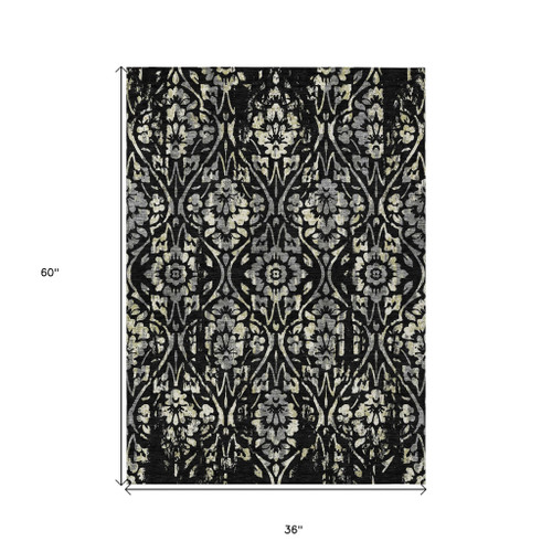 3' X 5' Black Gray And Ivory Floral Washable Indoor Outdoor Area Rug