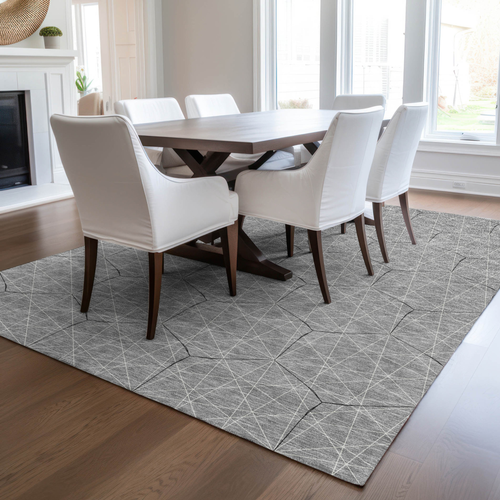 5' X 8' Gray Black And Ivory Geometric Washable Indoor Outdoor Area Rug