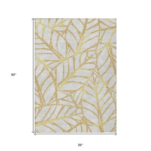 3' X 5' Gold And Beige Floral Washable Indoor Outdoor Area Rug