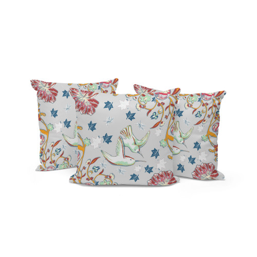 Set of Three 16" X 16" Gray and Blue Bird Indoor Outdoor Throw Pillow