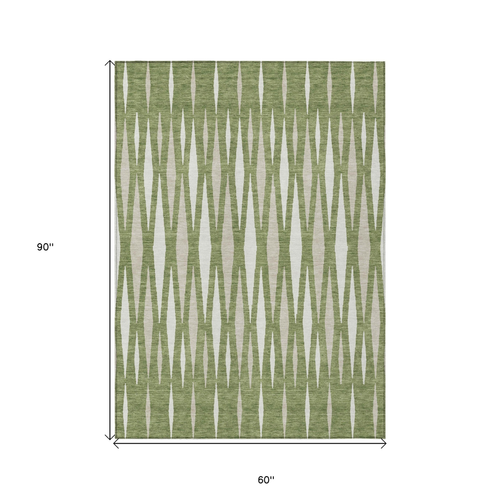 5' X 8' Green And Ivory Geometric Washable Indoor Outdoor Area Rug