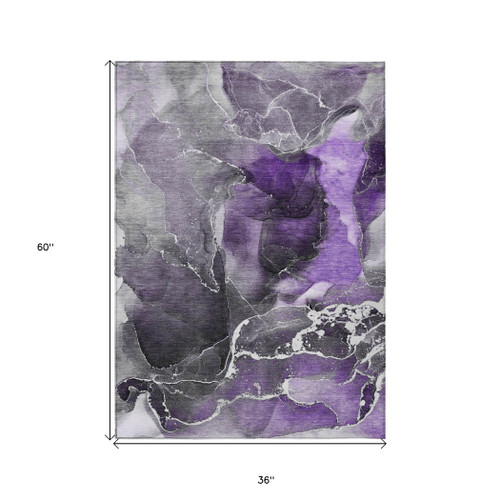3' X 5' Gray and Purple Abstract Washable Non Skid Indoor Outdoor Area Rug
