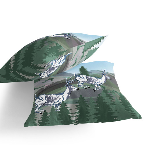Set of Two 16" X 16" Blue and Green Reindeer Indoor Outdoor Throw Pillow Polyester