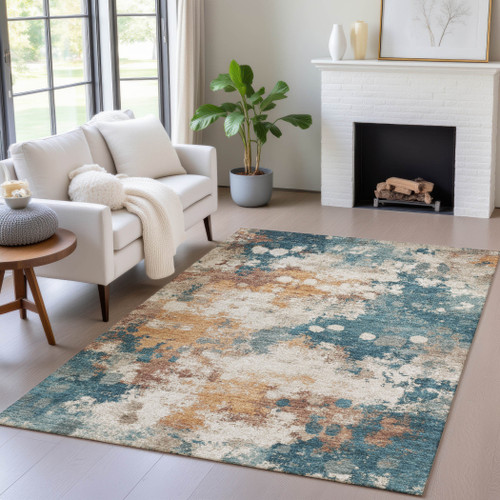 3' X 5' Teal Blue And Copper Abstract Washable Indoor Outdoor Area Rug - Teal Blue, Copper