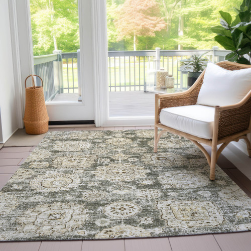3' X 5' Taupe Beige And Gray Floral Washable Indoor Outdoor Area Rug