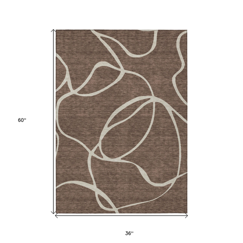 3' X 5' Brown And Beige Abstract Washable Indoor Outdoor Area Rug