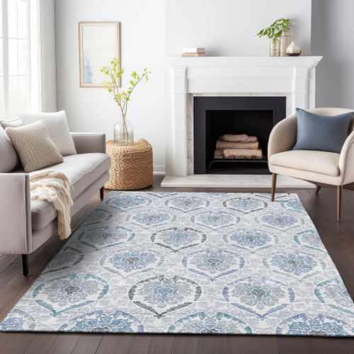 3' X 5' Gray And Denim Blue Medallion Washable Indoor Outdoor Area Rug
