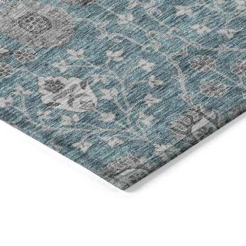 3' X 5' Teal Blue Gray And Charcoal Floral Washable Indoor Outdoor Area Rug