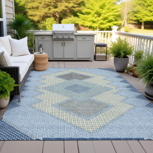 5' X 8' Denim Blue Gray And Brown Geometric Washable Indoor Outdoor Area Rug