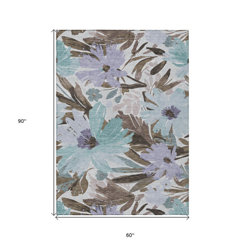 5' X 8' Taupe And Lilac Floral Washable Indoor Outdoor Area Rug