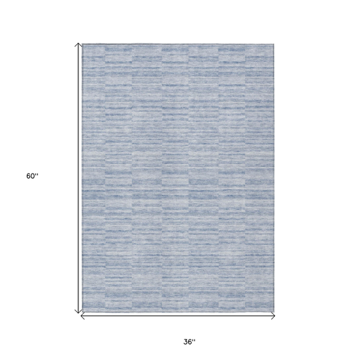 3' X 5' Sky Blue And Denim Blue Striped Washable Indoor Outdoor Area Rug