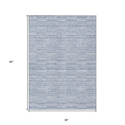 3' X 5' Sky Blue And Denim Blue Striped Washable Indoor Outdoor Area Rug