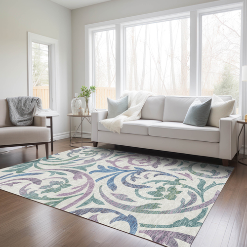 3' X 5' White Purple And Sage Floral Washable Indoor Outdoor Area Rug