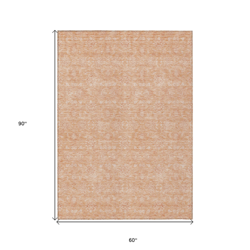 5' X 8' Peach And Ivory Floral Washable Indoor Outdoor Area Rug