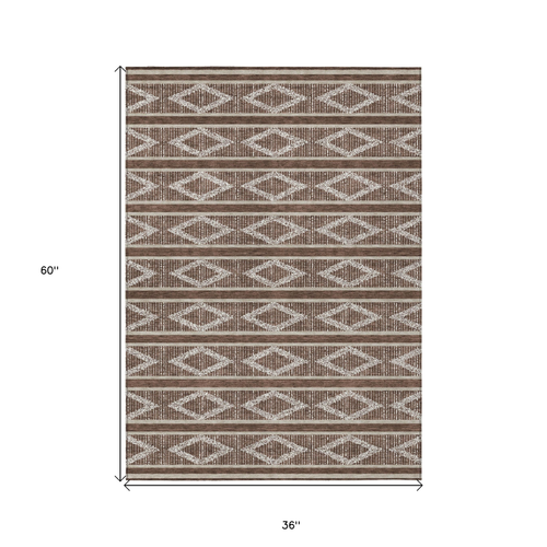3' X 5' Brown And Beige Geometric Washable Indoor Outdoor Area Rug