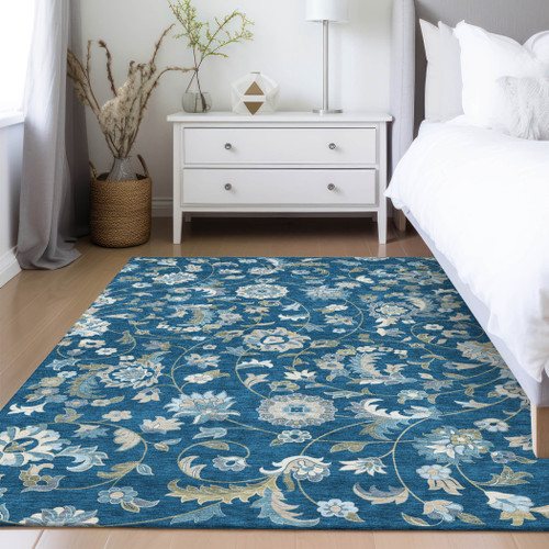 3' X 5' Navy Blue Ivory And Gray Floral Washable Indoor Outdoor Area Rug