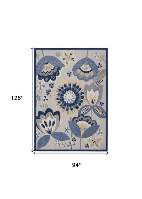 8' X 11' Blue And Gray Floral Indoor Outdoor Area Rug